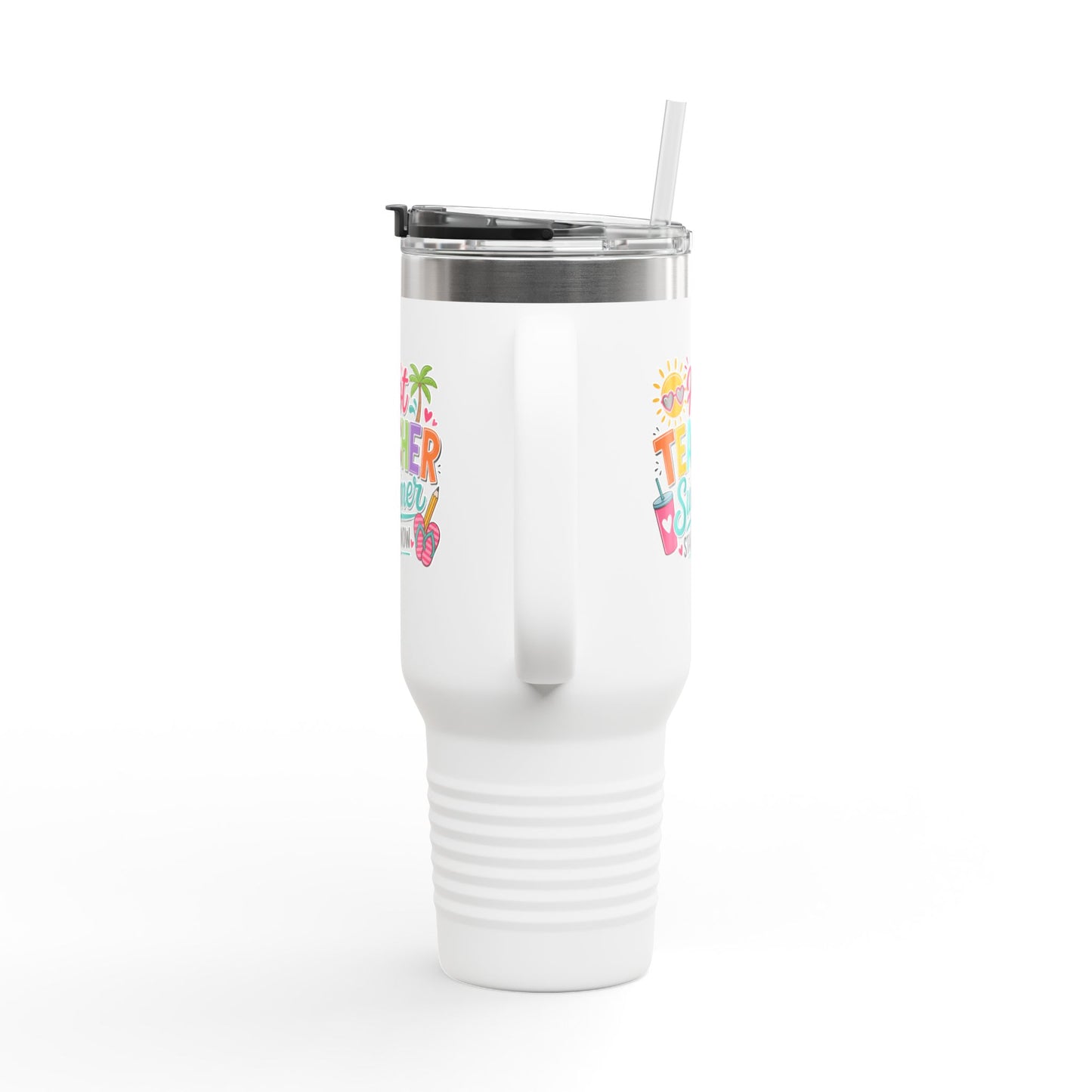40oz Insulated Travel Mug — "Hot Teacher Summer Starts Now" Colorful Beach Design