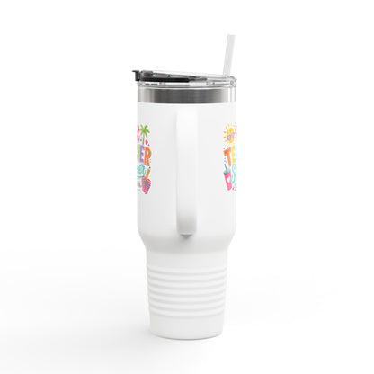 40oz Insulated Travel Mug — "Hot Teacher Summer Starts Now" Colorful Beach Design