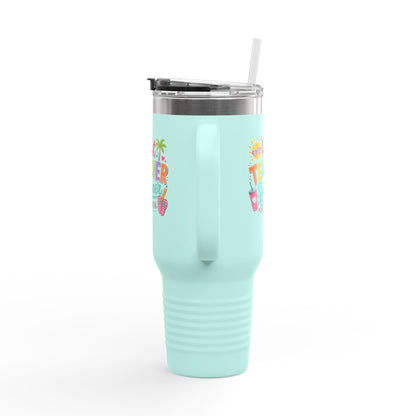 40oz Insulated Travel Mug — "Hot Teacher Summer Starts Now" Colorful Beach Design