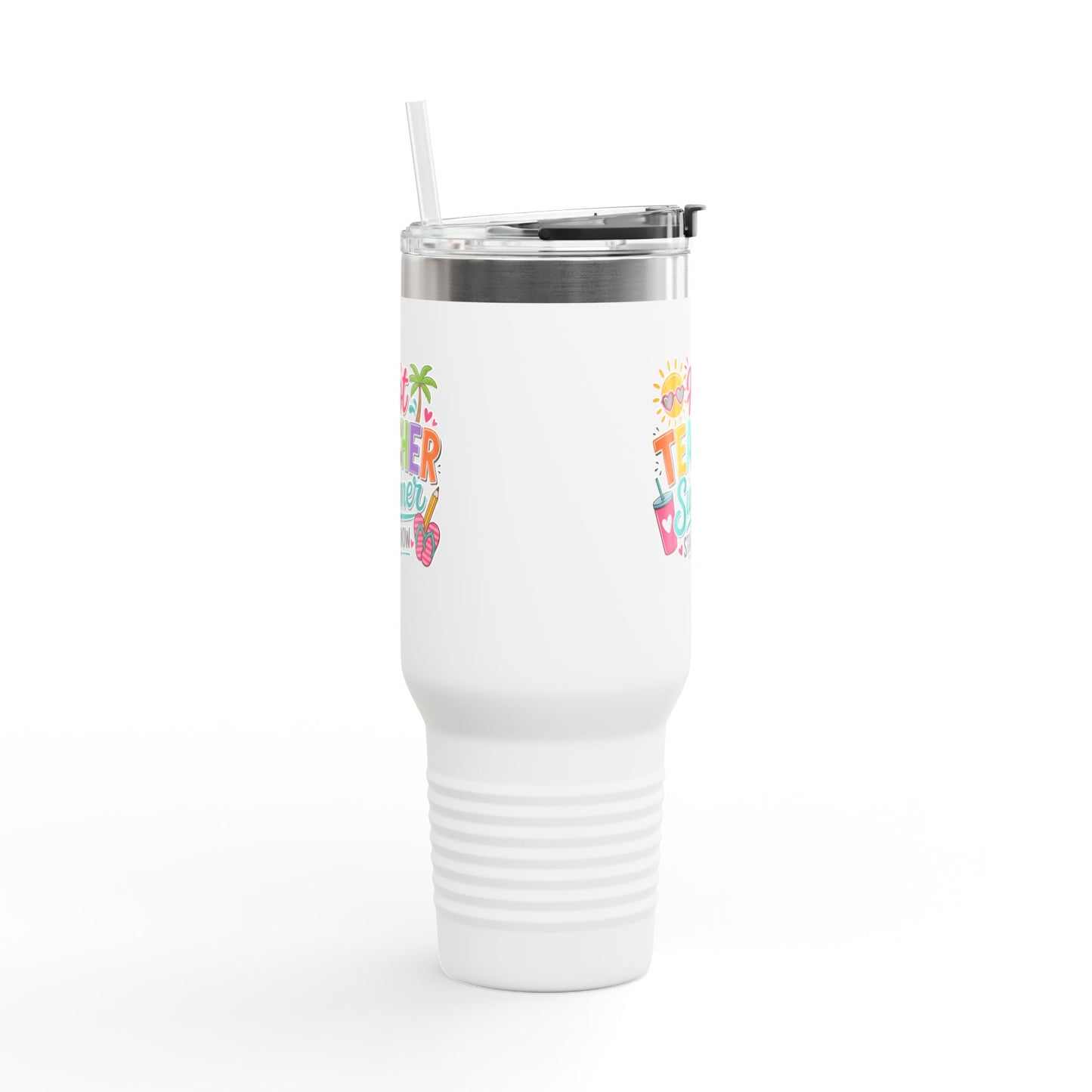 40oz Insulated Travel Mug — "Hot Teacher Summer Starts Now" Colorful Beach Design