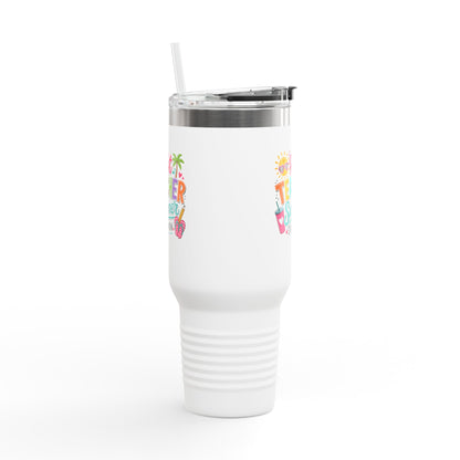 40oz Insulated Travel Mug — "Hot Teacher Summer Starts Now" Colorful Beach Design
