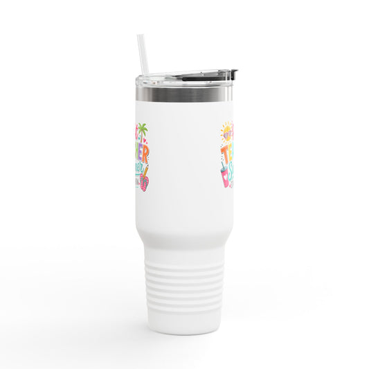 40oz Insulated Travel Mug — "Hot Teacher Summer Starts Now" Colorful Beach Design