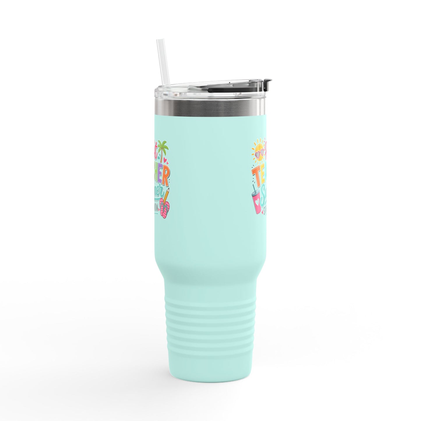 40oz Insulated Travel Mug — "Hot Teacher Summer Starts Now" Colorful Beach Design