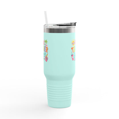 40oz Insulated Travel Mug — "Hot Teacher Summer Starts Now" Colorful Beach Design