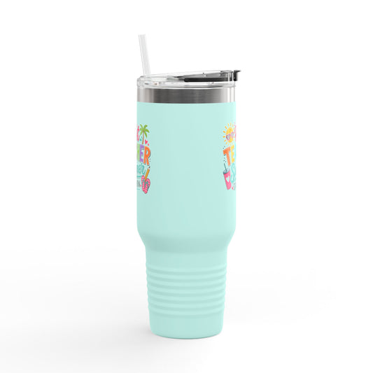 40oz Insulated Travel Mug — "Hot Teacher Summer Starts Now" Colorful Beach Design