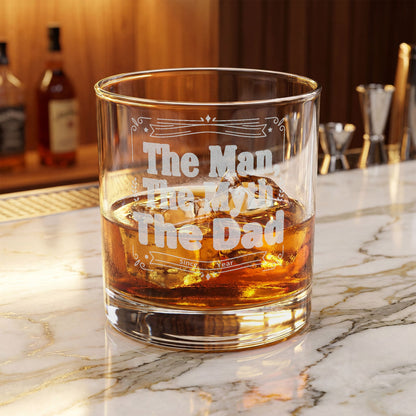 Engraved Whiskey Glass 10.5oz — "The Man, The Myth, The Dad" Father’s Day Gift