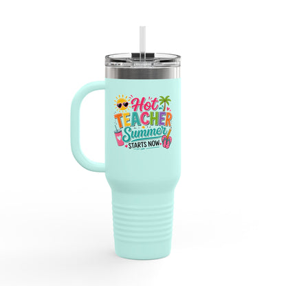 40oz Insulated Travel Mug — "Hot Teacher Summer Starts Now" Colorful Beach Design